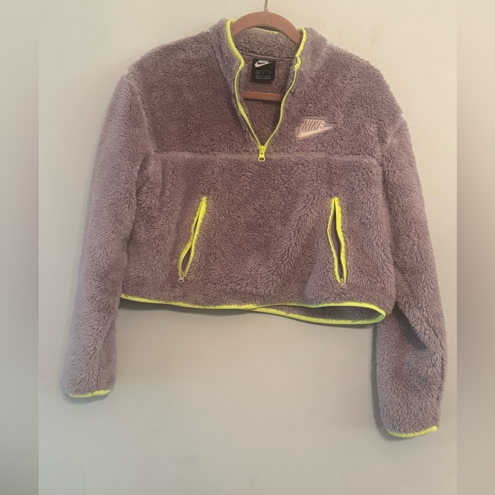 Nike Sherpa Fleece Cropped Quarter Zip Pullover Gray Neon Trim Size M